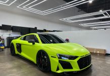 Audi R8 Wrapped Highlighter Yellow with VR Forged D03 Matte Black Wheels