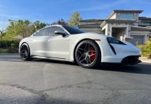 White Porsche Taycan with Matte Black 21-Inch D04 Forged Wheels